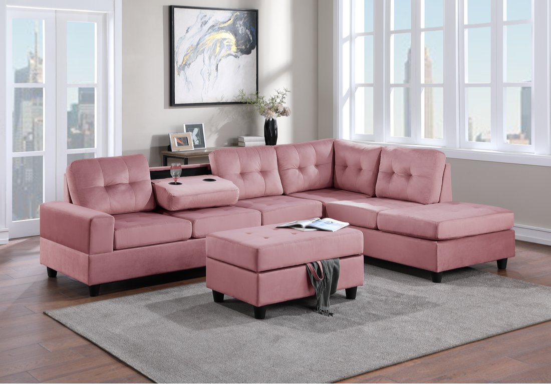 Pink Sectional with Ottoman & Cupholders
