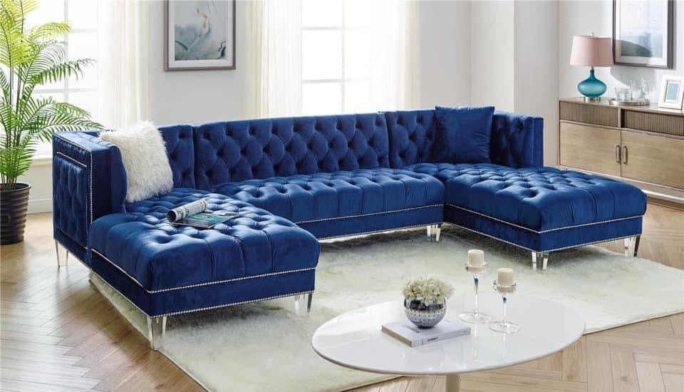Blue sectional with accent pillows