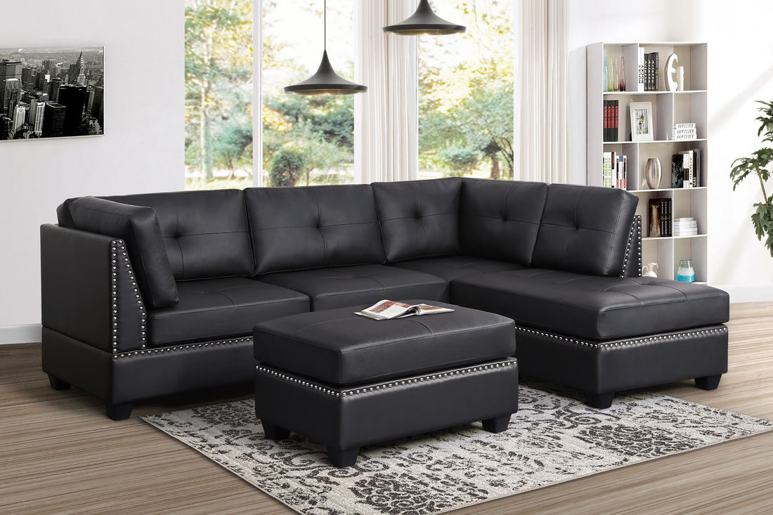 Vynil Black sectional with ottoman